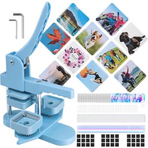 Square Photo Magnet Button Maker Kit - Holographic Film 2'' x 2'' Button Press Machine with 100 Set Fridge Magnet Making Supplies(Metal Cover, Film, Back Inserts), for School, Home, Small Business (Baby blue)