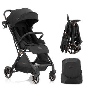 Gromast Gravity Folding Baby Stroller - Portable Travel Toddler Stroller w/Adjustable Backrest, Canopy & Cup Holder, Lightweight and UV Protected, One-Hand Automatic Folding - Black