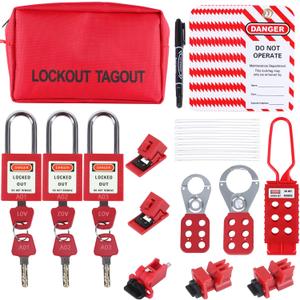 Masdun Loto Lockout Tagout Kit Electrical Loto - Group Lockout Hasps,Circuit Breaker Lockout, Lockout Tags, Safety Padlocks with Number, Nylon Ties with Pocket Bag (Red Kit)