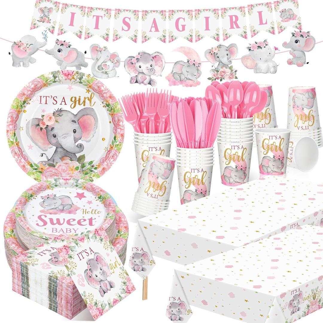 Yiyiring 405 Pcs Pink Elephant Themed Baby Shower Tableware Set It's a Girl Pink Elephant Decoration Baby Shower Plates and Napkins Birthday Supplies Include Tablecloth Banner Cup for 50 Guests