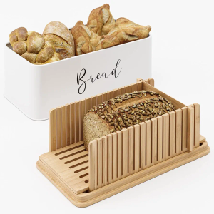 NATURE SUPPLIES | White Bread Box For Kitchen Countertop With Professional Cutter Guide | Farmhouse Bread Bin & Bamboo Bread Slicer Set | Metal Bread Box With Cutting Board For Bread, Bagel, Loaf