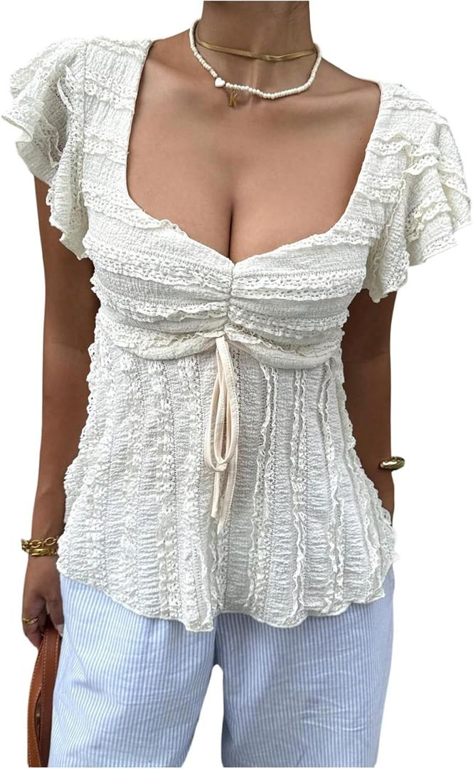 SOLY HUX Women's Summer Peplum Babydoll Tops Sweetheart Neck Ruffle Cap Sleeve Bow Tie Front Textured T Shirt (White, L)
