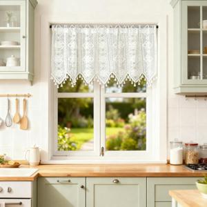 Leeva White Valances for Windows, Flower Knitting Tassels Sheer Window Valance for Living Room, 60" x 24", 1 Panel, Rod Pocket