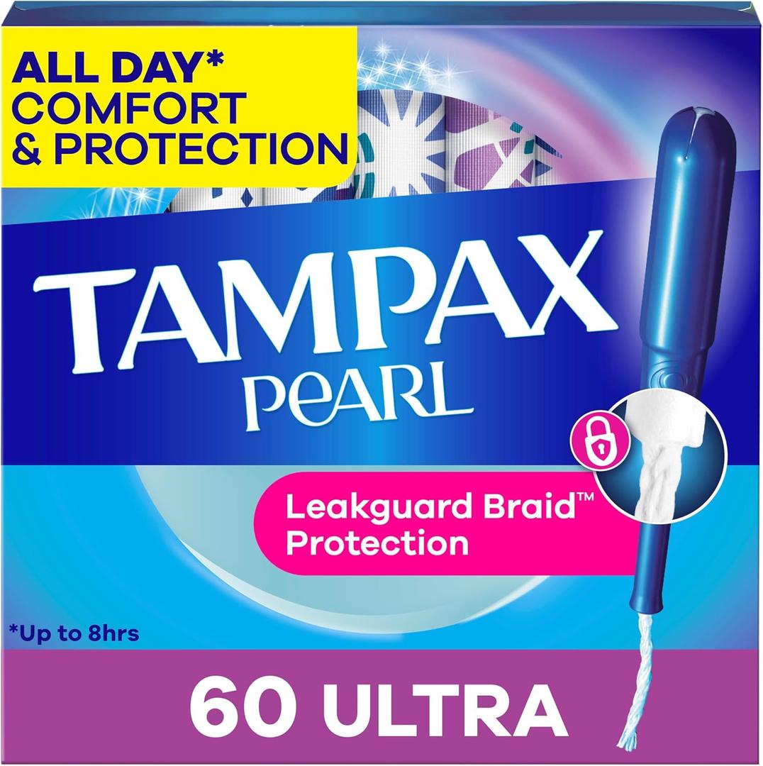 Tampax Pearl Tampons for Women, with LeakGuard Braid, Ultra Absorbency, Unscented, 60 Count