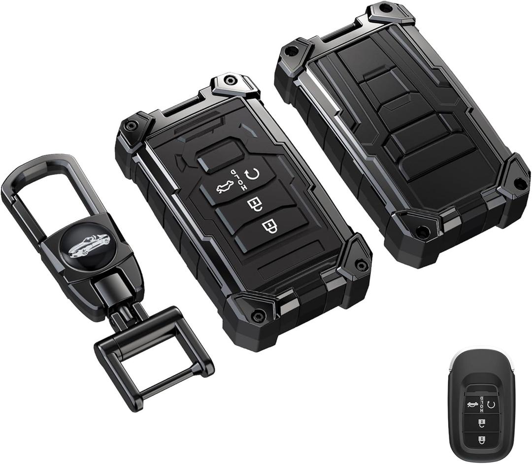 Heavy Key Fob Cover for Honda, Keychain, Metal Silicone Key Fob Case Compatible with Accord Civic HR-V CR-V Pilot 2021-2024 (Black, S Buckle)