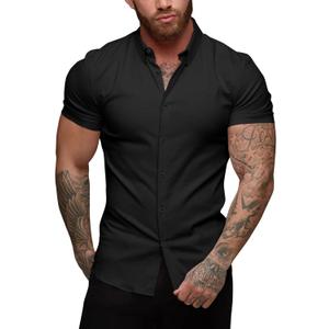 URRU Men's Muscle Dress Shirts Slim Fit Stretch Short Sleeve Casual Button Down Shirts for Men Black XL