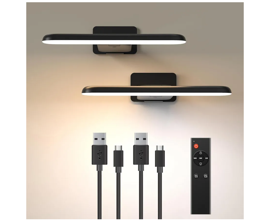 2 Pack Picture Lights for Wall, Rechargeable LED Picture Light Battery Operated with Remote, Dimmable Poster Light for Paintings, Portraits, Art Frames, Display Lighting for Wall Decor, Black