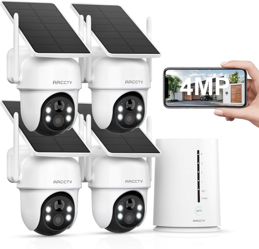 Security Cameras Wireless Outdoor, No Monthly Fee Solar Camera Outdoor Wireless, 4-Camera 2K Home Security Camera System with Base Station, Local Storage, PIR Motion Detection, Color Night Vision