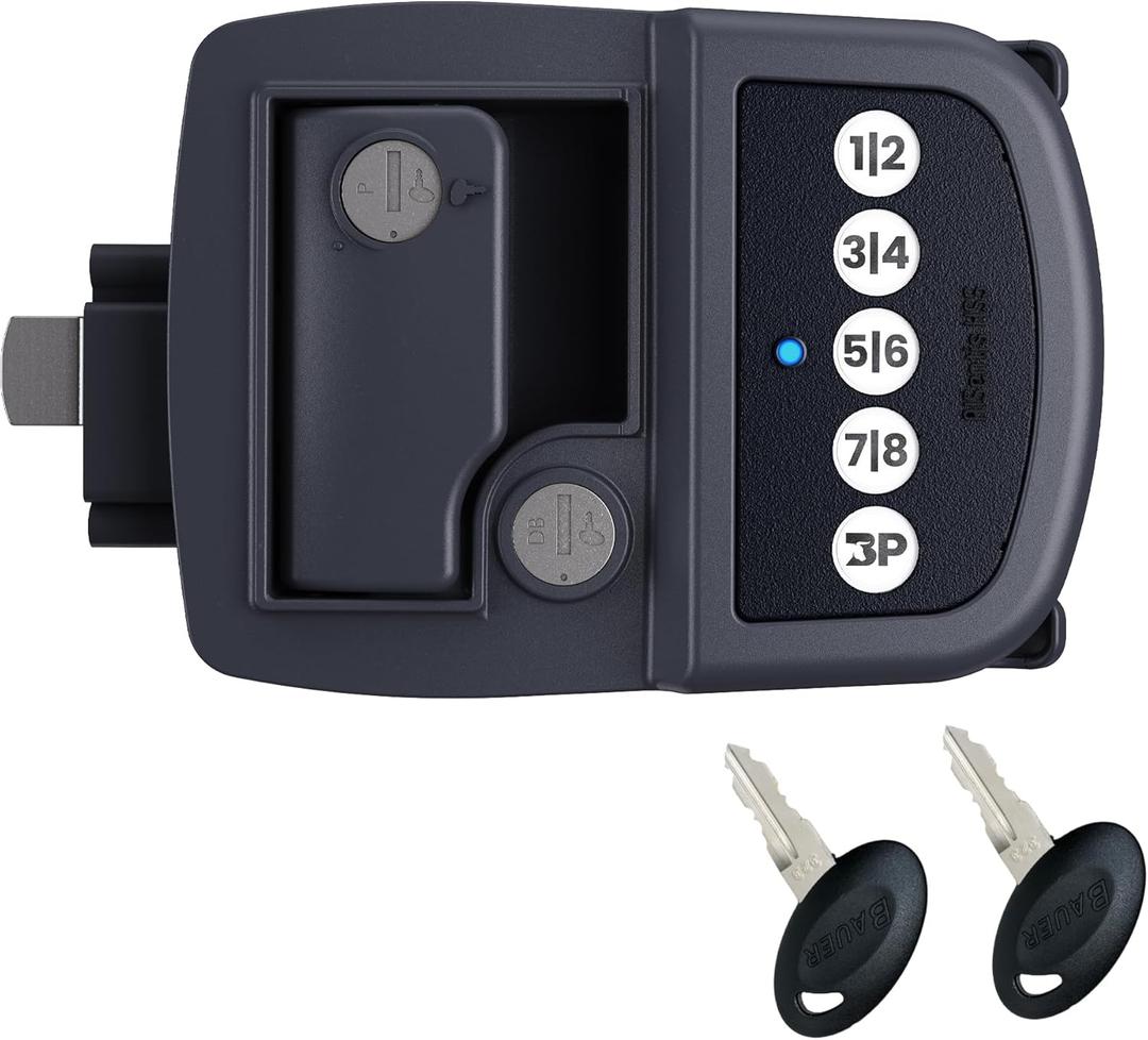 Bauer NE Bluetooth Keyless Entry Door Lock with Handle, Close Field Technology, Essential Camper Must Haves, Secure Trailer, Durable RV Door Latch, Convenient RV Lock Keyless Entry