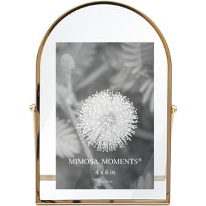 4x6 Brass-tone Arched Metal Floating Picture Frame, Double Glass Tabletop Display, Modern Minimalist Photo Frame for Home & Office Decor
