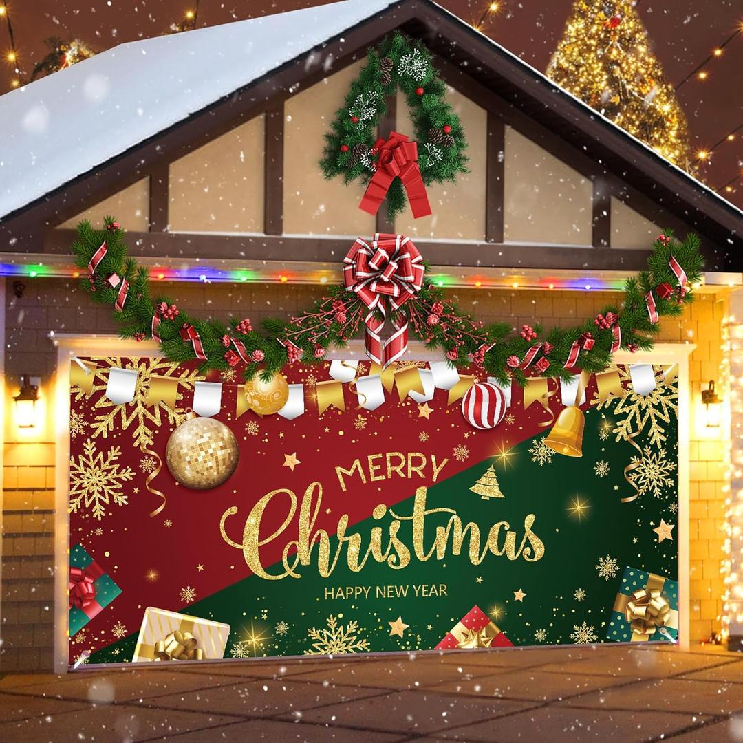 ROCKY&CHAO Christmas Garage Door Cover with Sparkling Night-Time Effect, 6x13ft Red & Green Holiday Banner for Single/Double Garage, Outdoor Christmas Decorations, Weather-Resistant Polyester Fabric