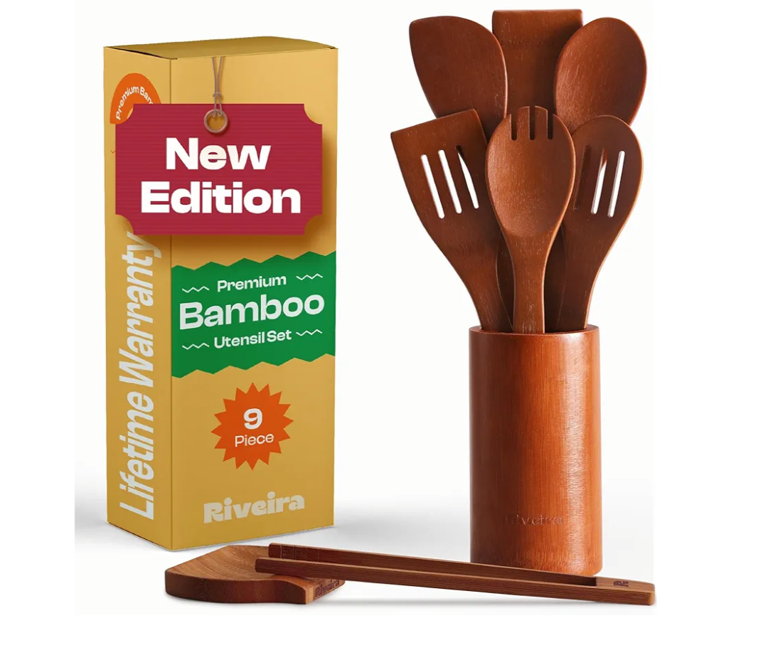 Riveira Premium Brown Bamboo Wooden Spoons for Cooking Set of 6 – Premium Brown Bamboo Wooden Cooking Utensils, Wooden Spatula, Wooden Spoon - Premium Quality Wooden Utensil Set for Non-Toxic Cooking