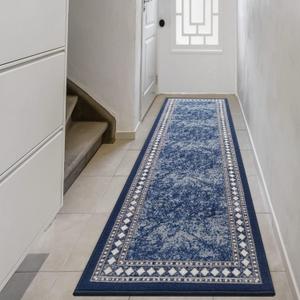 Antep Rugs Alfombras Modern Bordered 2x7 Non-Skid (Non-Slip) Low Profile Pile Rubber Backing Indoor Area Runner Rugs (Navy Blue, 2' x 7')