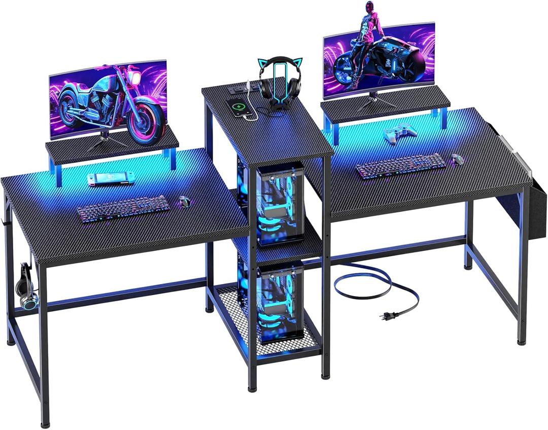 Furologee 2 Person Gaming Desk with LED Lights, 71 Inch Computer Desk with Power Outlets and Monitor Stand, Double Desk with Storage Bag and Headphone Hooks, Study Writing Table for Home Office, Black (Black Carbon Fiber)