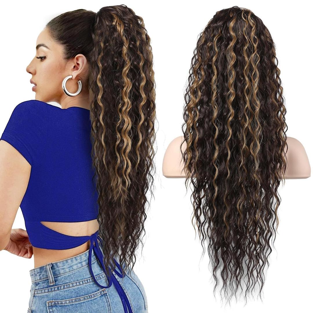 FLUFYMOOZ Ponytail Extension, 26 Inch Bohemian Style Drawstring Ponytail Hair Extensions for Women, Long Curly Wavy Ponytail Natural Synthetic Hairpiece for Women (26 Inch Chocolate Brown with Blonde Highlights)