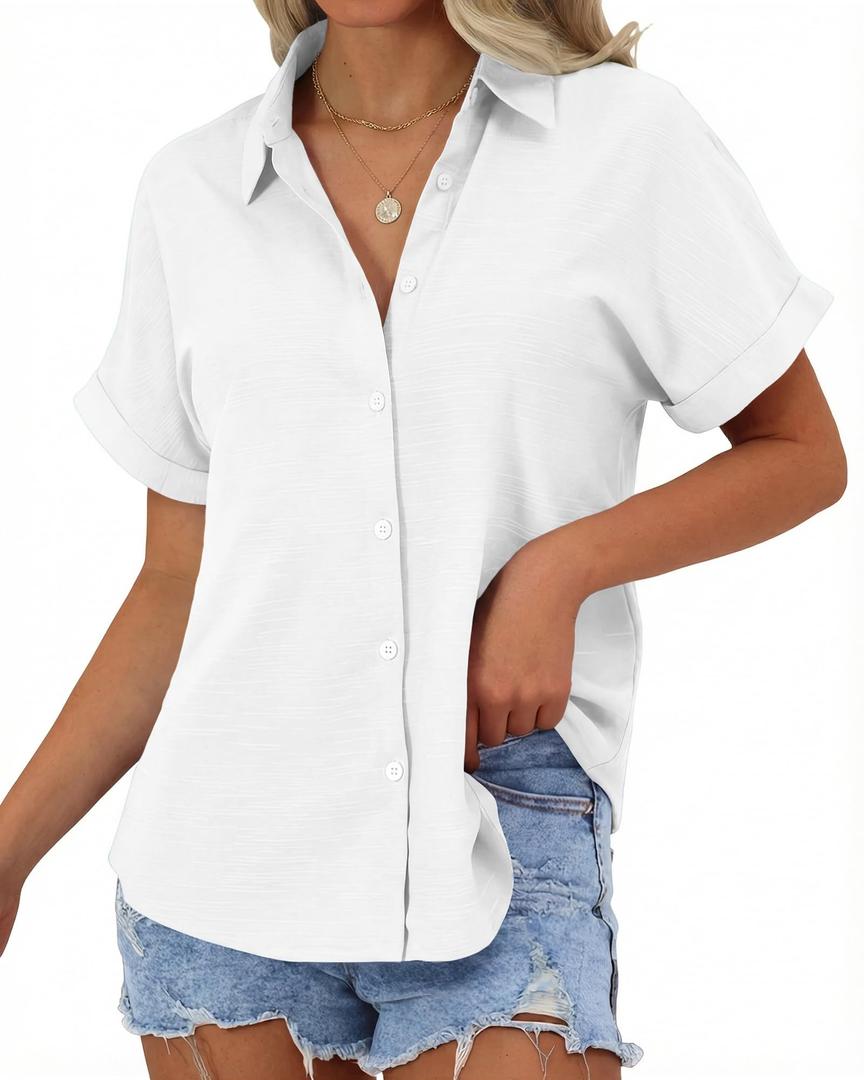 JEKAOYI Womens Button Down Shirts, Cotton Linen Short Sleeve Button Up Shirt Casual Spring Blouses Summer Vacation Tops XL