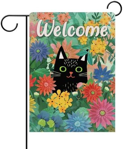 Dyrenson Welcome Spring Black Cat Decorative Garden Flag, Kitty House Yard Lawn Daisy Pansy Red Blue Flower Floral Outside Decoration, Summer Seasonal Farmhouse Outdoor Small Burlap Porch Decor 12x18 2 Pack