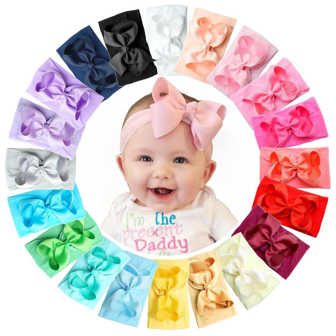 20PCS Baby Girl Bows Headbands, 4" Infant Bows Headbands Super Elastics Nylon Hairbands Cute Handmade Ribbon Bows for Babies Newborn Toddler (20 Colors)