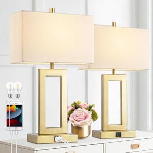 Gernehop Gold Table Lamps Set of 2 with Dual USB Ports,3-Way Dimmable Touch Control Bedside Lamps,22inch Tall Modern Bedroom Table Lamp for Living Room,Nightstand LED Bulbs Included