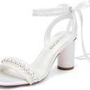 Block Heel Wedding Sandals Pearl Heels Wedding Shoes for Bride Open Toe Bridal Shoes (6, White)