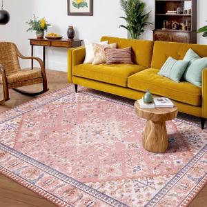 8'x10' Area Rugs for Living Room, Stain Resistant Machine Washable Rug, Non Slip Backing Boho Rugs for Bedroom, Printed Soft Vintage Carpet Peach Pink 8' x 10' (Peach/Soft Blush/Thistle/Terracotta)