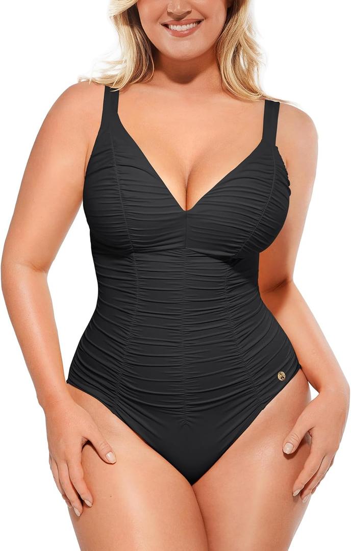 SHAPELLX Womens One Piece Swimsuit Tummy Control Ruched Slimming Swimwear Bathing Suit with Adjustable Lace-Up Back (Black, XXXL)