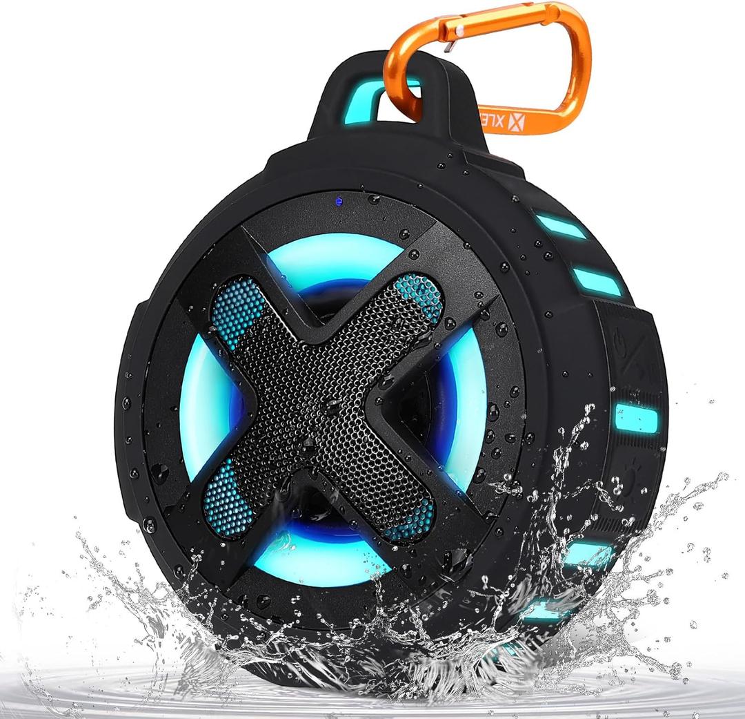 Upgraded, Bluetooth Speaker, Shower Speaker, Certified IP67 Waterproof, Silicone Case, 10W Pro Sound & Deep Bass, 24Hrs Playtime, Lights, Small Wireless, Portable Clip, for Beach Kayak Camping Gifts (Black)
