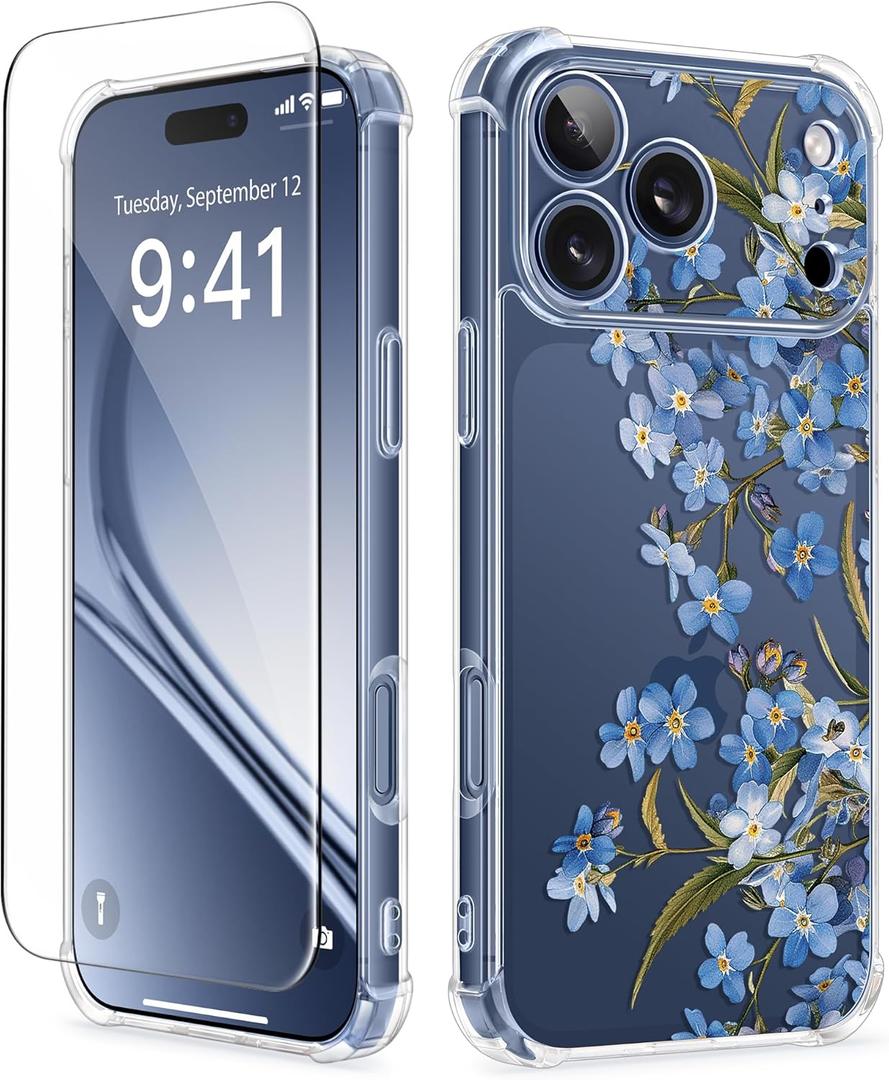 GVIEWIN for iPhone 17 Pro Max Case, with Screen Protector+Full Camera Protection, [NonYellowing] Clear Floral Slim Shockproof Protective Women Phone Case for iPhone 17 Pro Max 6.9", Aconite/Blue