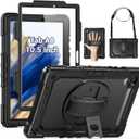 SEYMAC for Samsung Galaxy Tab A8 Case 10.5 Inch (SM-X200/ X205/ X207), Heavy Duty Full-Body Shockproof Protective Case with Screen Protector, Rotating Stand, Hand/Shoulder Strap and Pen Holder, Black