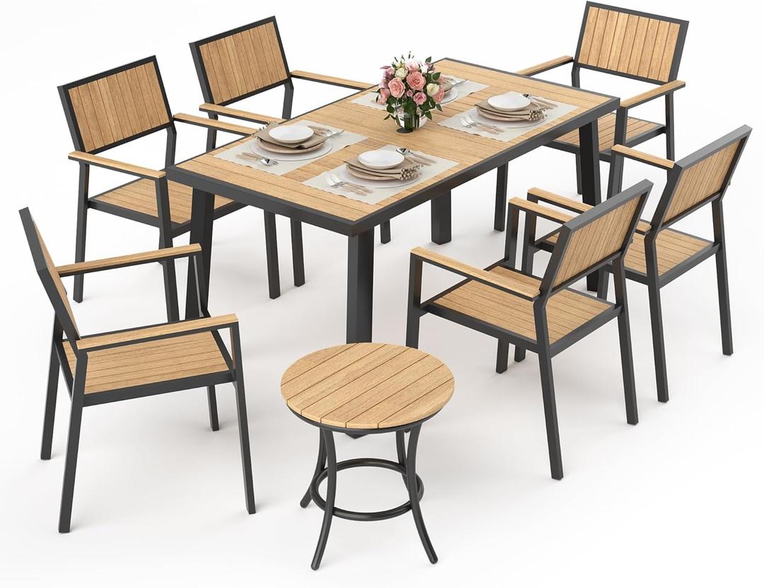 Pamapic 8-Piece Patio Dining SetOutdoor Aluminum Furniture Set with Plastic-Wood Table Top,Outdoor Furniture Set with 6 Outdoor Stackable Chairs for Patio Garden Poolside (Teak)
