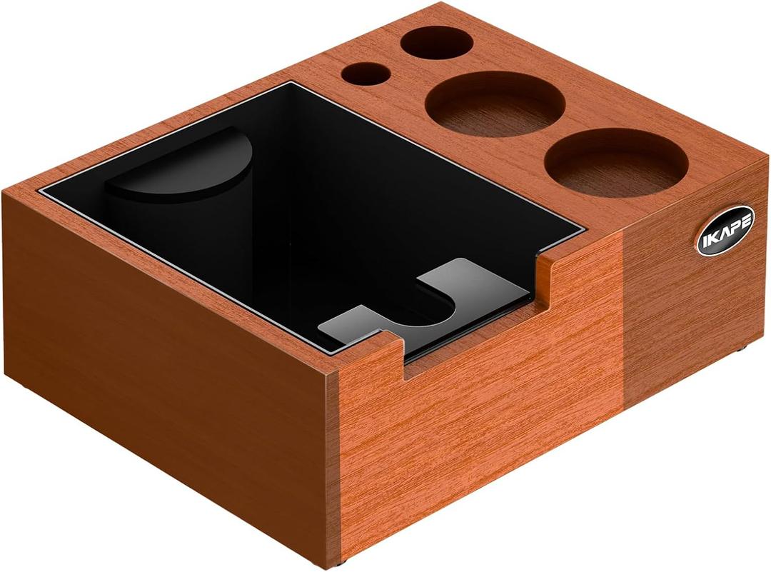 IKAPE 51/53/54/58mm Espresso Knock Box, Sandywood Coffee Station, Tamper Tools, Distributor, Portafilter & Puck Screen Accessories, Natural Sandywood Station Base