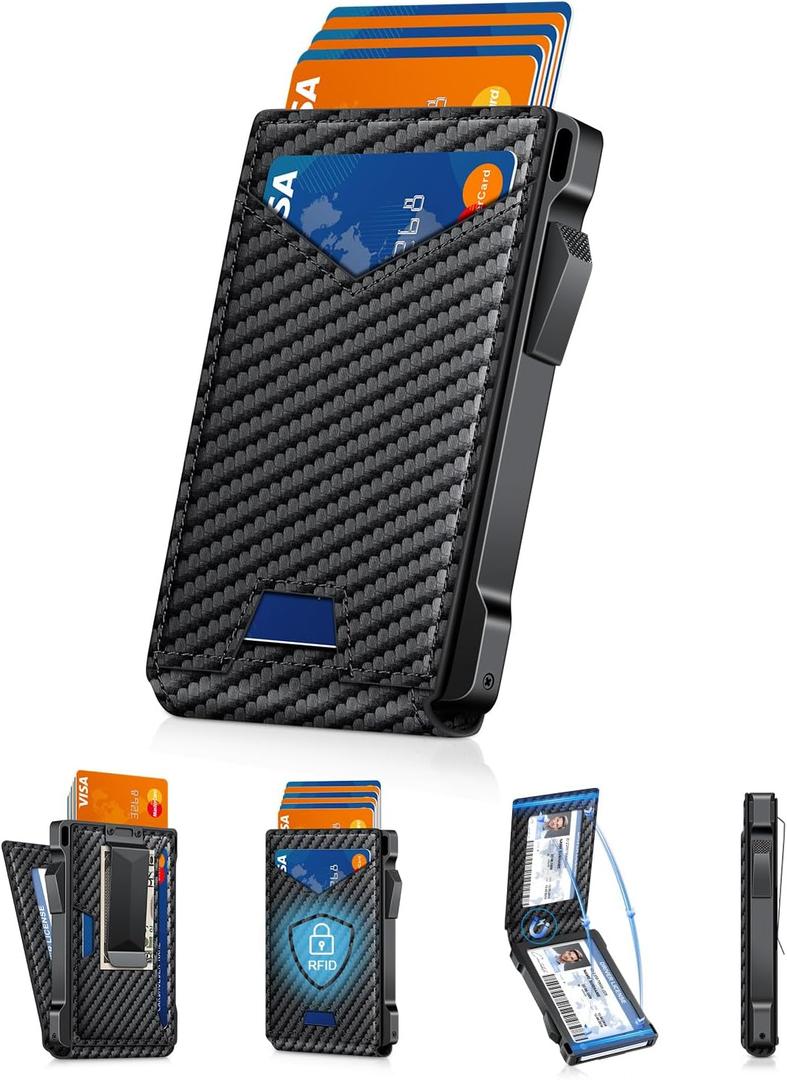 Wallet for Men RFID Wallet with 2 ID Windows & Money Clip, Slim Pop Up Card Holder for 10-12 Cards, Bifold Minimalist Smart Wallet for Front Pocket, Compact Metal Credit Card Holder, Gifts for Men (Carbon Fiber)