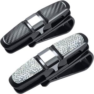 2 Pack Glasses Holders for Car Sun Visor, Glasses Holder Clip with Rhinestones Crystal Fashion Biling Sunglass Eyeglass Mount Hanger-Sliver & Balck (Black/Silver)