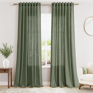 Olive Green Linen Curtains 96 Inches Long for Living Room Rod Back Tab Vintage Rustic Farmhouse Light Filtering Curtain Burlap Textured Linen Drapes 96 Inch Length for Dinning Room Bedroom 52x96 (Loden)