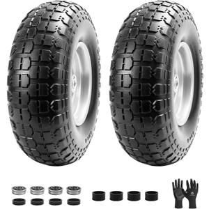 4.00-6 Flat Free Wheelbarrow Tire, 13" Wheelbarrow Wheels and Tires with 5/8" or 3/4" Bearings, 1.75" Centered Hub for Garden Carts, Hand Truck Replacement Wheel(2 PCS)