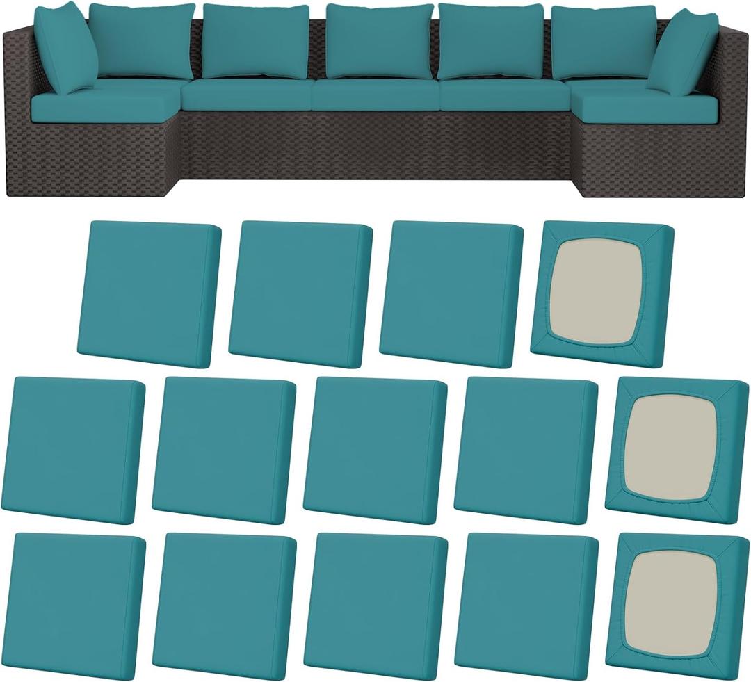 14Pcs Patio Stretch Cushion Covers, Outdoor Couch & Sofa Replacement Slipcovers for Patio Furniture Cushion Covers, Washable Reusable Furniture Protector, Square Large, Petrol Blue