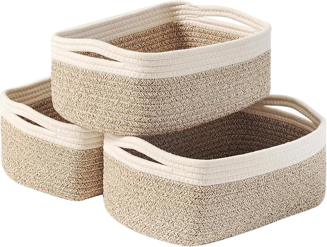 ICERZCZ Small Baskets for Organizing, Decorative Storage Baskets for Shelves, Storage Bins, Woven Baskets for Storage, Mini Basket for Nursery, 13"×8.5"×5.1" (3 Packs) Off White & Brown