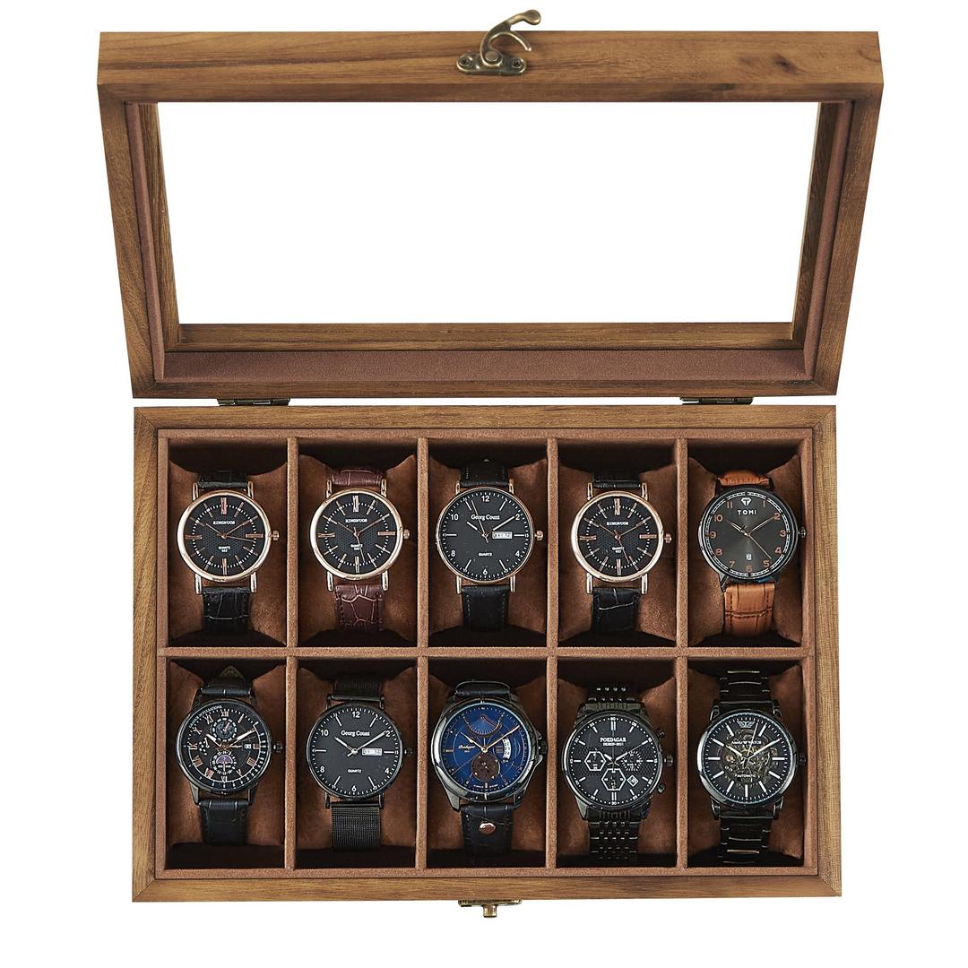 SONGMICS 10-Slot Watch Box, Watch Display Case with Large Glass Lid, Removable Watch Pillows, Velvet Lining, Gift Idea, Rustic Walnut UJOW100K01