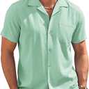 COOFANDY Men's Casual Button Down Shirts Short Sleeve Summer Cuban Vacation Beach Shirts (Green, L)