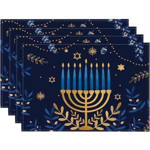 Artoid Mode Menorah Star Olives Hanukkah Placemats Set of 4, 12x18 Inch Chanukah Holiday Table Mats for Party Kitchen Dining Decoration (Blue)