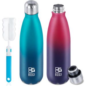 BOGI Insulated Water Bottle, 17oz 2 Pack Stainless Steel Water Bottles, Leak Proof Sports Metal Water Bottles Keep Drink Cold for 24 Hours and Hot for 12 Hours BPA Free kids water bottle for School (2 Pack-Dark Blue Red + Blue Dark Blue)