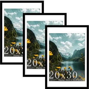 Picrit 20x30 Frame 3 Pack, Black Poster Frame, Display Poster 18 x 24 with Mat or 20 x 30 without Mat for Horizontal or Vertical Wall Mounting