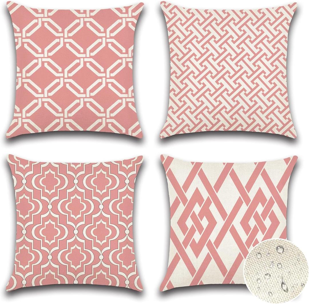 OTOSTAR Set of 4 Waterproof Throw Pillow Covers 16x16 Inch Farmhouse Geometric Square Pillow Cases for Couch Patio Furniture Balcony Garden Outdoor DecorationGeometry, Pink