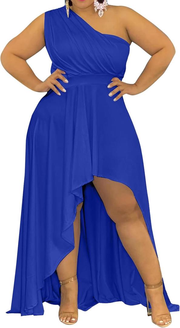 Ekaliy Women's Plus Size One Shoulder Dress Elegant High Low Irregular Hem Flowy Party Cocktail Maxi Dress (Blue, 4XL)