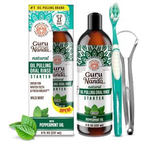 GuruNanda Starter Pulling Oil Mouthwash for Natural Teeth Whitening, Coconut and Peppermint Oil for Fresh Breath & Happy Gums, with Toothbrush & Tongue Scraper, Alcohol-Free, 8 Oz (8 Fl Oz (Pack of 1))
