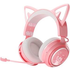 Wireless Cat Ear Headphones, Pink Gaming Headset Bluetooth 5.0 for Smartphone, Retractable Mic, 50mm Drivers, RGB Lighting Headset with Mic (USB Dongle Not Included)