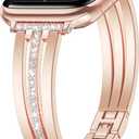 AIRSPO Slim Gold Band Compatible with Apple Watch 38mm 40mm 41mm 42mm Women Thin Metal Strap Dressy Jewelry Bracelet with Bling Diamond for iWatch Bands Series 11 10 9 8 7 6 5 4 3 SE, Rose Gold