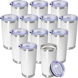 20 oz Tumbler Coffee Travel Tumblers Bulk with Lid Stainless Steel Double Wall Vacuum Insulated Mug Powder Coated Cups fit Car Cupholder for Hot and Cold - White, 12Pack