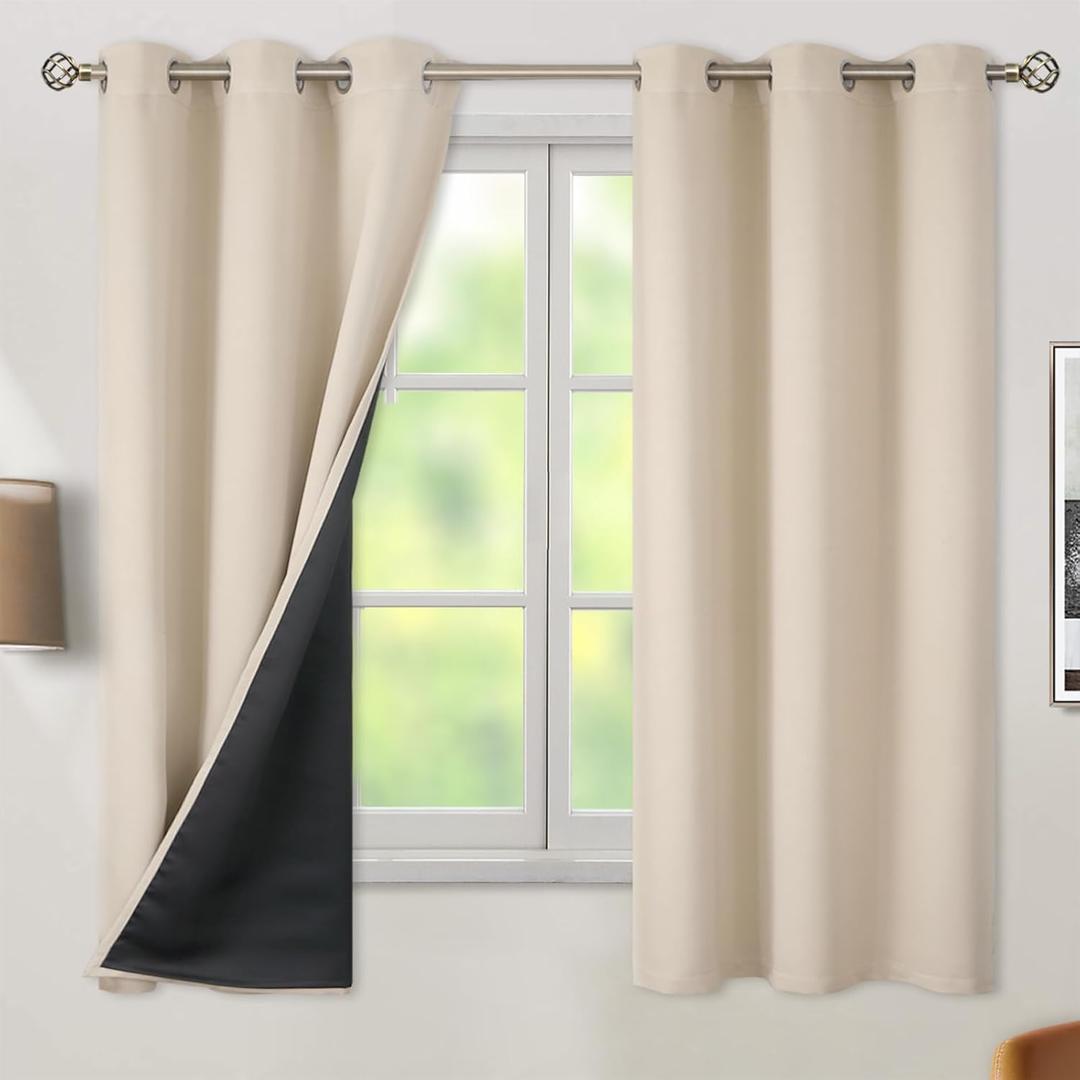 BGment Thermal Insulated 100% Blackout Curtains 63 Inch Length 2 Panels, Total Light Blocking Curtains for Bedroom, Grommet Window Drapes with Thick Black Liner, 42 Inch Wide Each Panel, Champagne