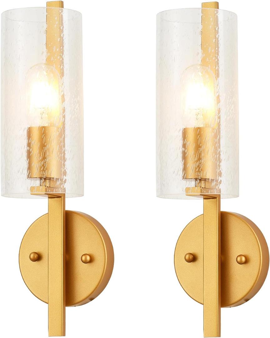 Modern Glass Wall Sconces Set of 2, Gold Wall Sconces for Bedroom, Industrial Sconce Wall Lighting for Entryway Bathroom Living Room Stairway